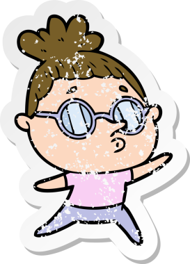 Bir insan tarafından çizilmiş gözlük takan karikatürlü bir kadının sıkıntılı çıkartması.