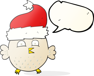 Bir insan tarafından çizilmiş noel şapkası giyen serbest konuşma balonu karikatürü baykuşu.