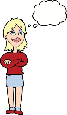 Bir insan tarafından çizilmiş düşünce baloncuğu olan gururlu bir kadın.