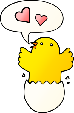 Bir insan tarafından çizilmiş, tatlı, yumurtadan çıkmış, konuşma baloncuklu bir yavru çizgi film.