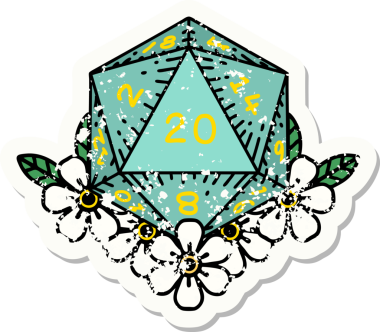 Bir insan tarafından çizilmiş çiçek elementleriyle 20 D20 zarının grunge sticker 'ı.