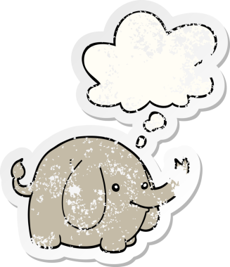 Düşünce baloncuğu olan karikatür fili insan tarafından çizilmiş yıpranmış bir çıkartma gibi.