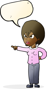 Bir insan tarafından çizilen konuşma balonuyla suçlanan karikatür kadını.