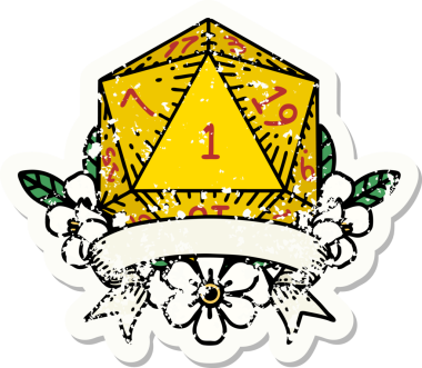 Bir insan tarafından çizilmiş doğal bir d20 zarının grunge çıkartması.