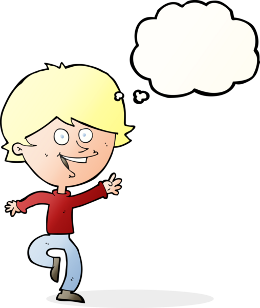 Bir insan tarafından çizilmiş düşünce baloncuğu olan mutlu, el sallayan çocuk.