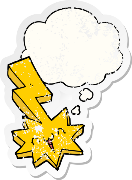 Düşünce baloncuklu karikatür yıldırımı bir insan tarafından çizilmiş yıpranmış bir çıkartma.