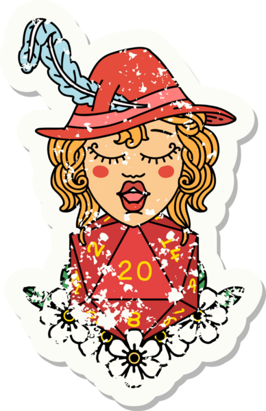 Bir insan şairin, doğal 20 zar atışıyla bir insan tarafından çizilmiş grunge etiketi.