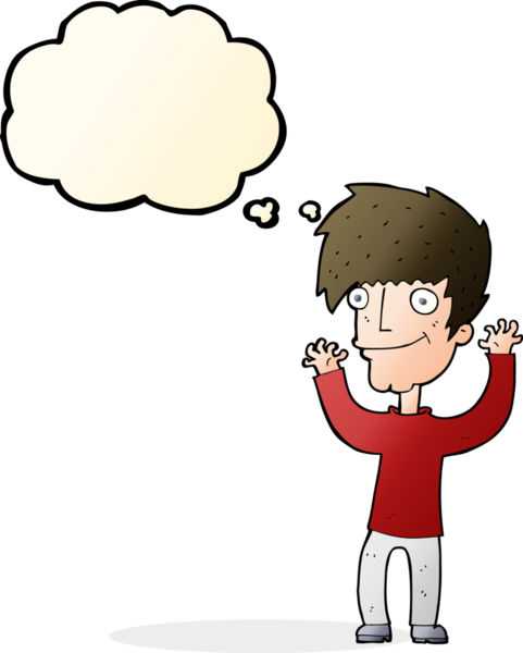 Bir insan tarafından çizilmiş düşünce baloncuğuyla kollarını sallayan çizgi film adamı.