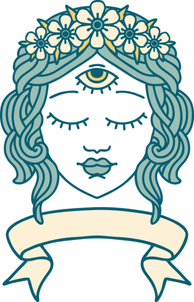 Geleneksel dövmeli, üçüncü gözlü bayrak ve bir insan tarafından çizilmiş çiçek taçlı.