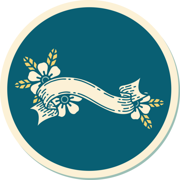 Geleneksel dövme stili bir pankart ve insan tarafından çizilmiş çiçekler.