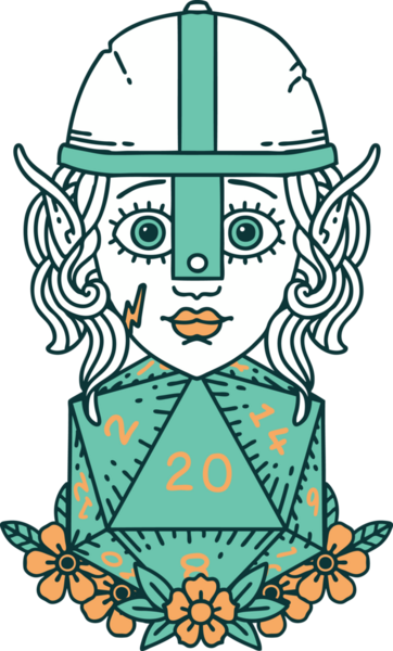 Retro Tattoo stili elf dövüşçüsü. Bir insan tarafından çizilmiş 20 zar ile.