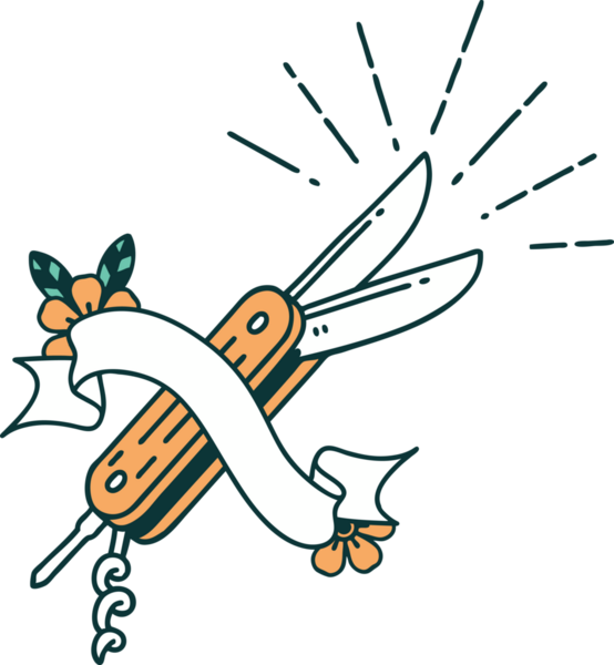 Bir insan tarafından çizilmiş dövme stili katlama bıçaklı parşömen.