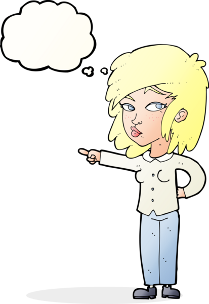 Bir insan tarafından çizilmiş düşünce balonuyla işaret eden çizgi film kadını.