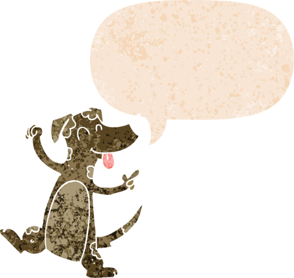 Konuşma baloncuğu içinde dans eden çizgi film köpeği bir insan tarafından çizilmiş dertli retro stil