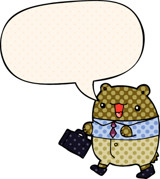 Bir insan tarafından çizilmiş çizgi roman tarzında konuşma balonu olan sevimli çizgi film iş ayısı.