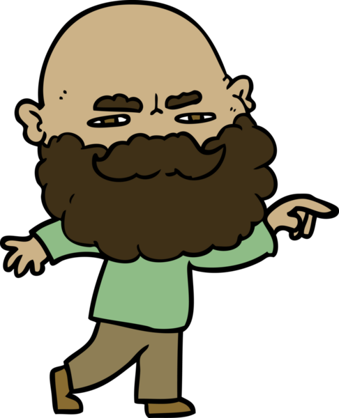 Bir insan tarafından çizilen ve kaşlarını çatan sakallı bir çizgi film adamı.