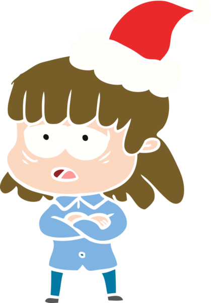 Bir insan tarafından çizilmiş Noel Baba şapkası giyen yorgun bir kadının el çizimi düz bir çizim.