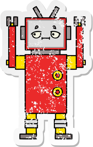 Bir insan tarafından çizilmiş sevimli bir robot çizgi film çıkartması.