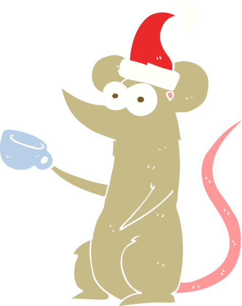 Bir insan tarafından çizilmiş Noel şapkası takan bir farenin düz renk çizimi