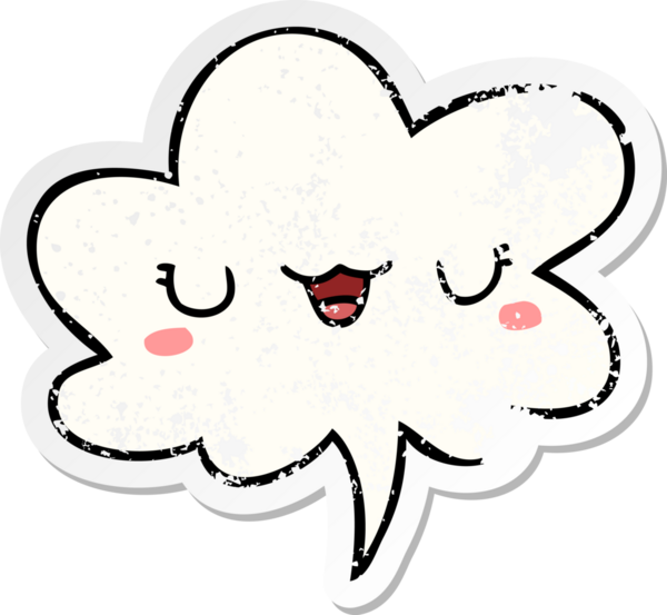 Konuşma baloncuğu olan sevimli çizgi film yüzü bir insan tarafından çizilmiş sıkıntılı eski bir çıkartma.