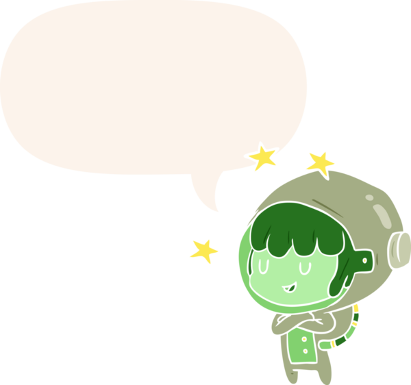 Uzay giysisi içinde, bir insan tarafından çizilmiş retro tarzı konuşma balonu olan bir kadın astronot.