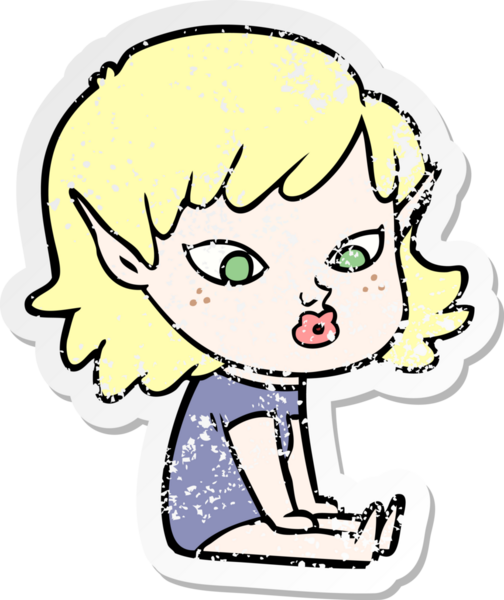 Bir insan tarafından çizilmiş güzel bir elf kızının sıkıntılı çıkartması.