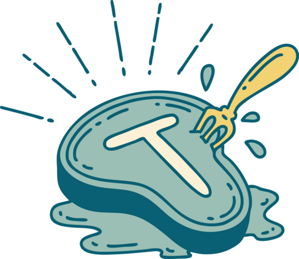 Bir insan tarafından çizilmiş geleneksel bir biftek ve çatalın resmi.