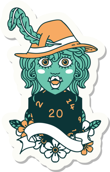 Bir insan tarafından çizilmiş 20 zarlı şarkı söyleyen yarı ork bir karakterin çıkartması.