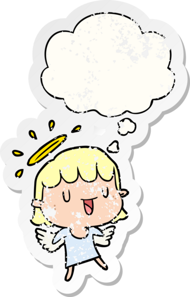 Düşünce baloncuğu olan karikatür meleği bir insan tarafından çizilmiş yıpranmış bir çıkartma.