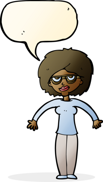 Bir insan tarafından çizilmiş konuşma baloncuğuyla omuz silken çizgi film kadını.