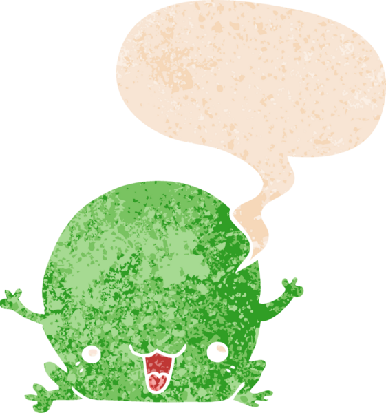 grunge 'da konuşma baloncuğu olan karikatür kurbağası bir insan tarafından çizilmiş dertli retro stil.