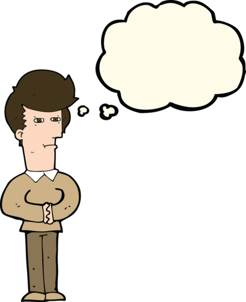 Bir insan tarafından çizilmiş düşünce baloncuğuyla gözlerini kısarak bakan çizgi film adamı.