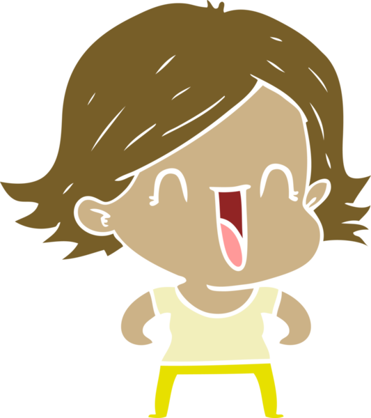 Bir insan tarafından çizilmiş düz renkli mutlu kadın çizgi filmi.