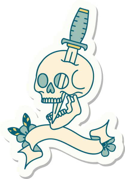 Bir insan tarafından çizilmiş kafatasının pankartıyla dövme stili etiketi