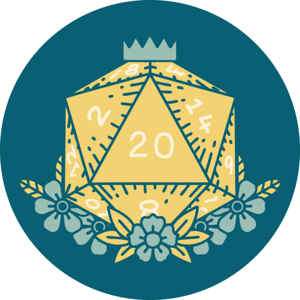 Retro Dövme Biçimi Doğal 20 D20 zar bir insan tarafından çizilmiş çiçek elementleriyle