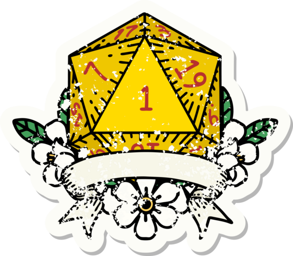 Bir insan tarafından çizilmiş doğal bir d20 zarının grunge çıkartması.