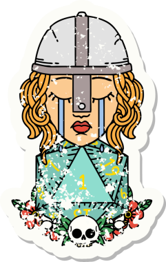 Ağlayan bir insan dövüşçüsünün grunge çıkartması. Bir insan tarafından çizilmiş doğal bir D20 ruloyla.