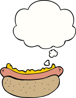 Bir insan tarafından çizilmiş düşünce balonlu sosisli sandviç.