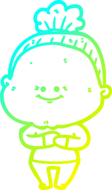 Bir insan tarafından çizilmiş, mutlu, yaşlı bir kadının çizimi.