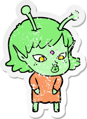 Bir insan tarafından çizilmiş güzel uzaylı bir kızın sıkıntılı çıkartması.