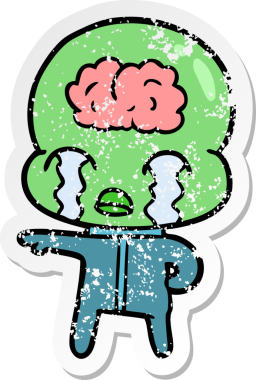 Bir çizgi filmin sıkıntılı çıkartması. Bir insan tarafından çizilmiş büyük beyinli uzaylı ağlaması.