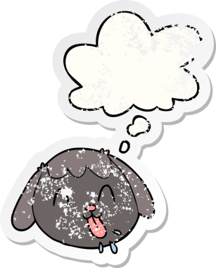 Düşünce baloncuklu çizgi film köpeğinin yüzü bir insan tarafından çizilmiş yıpranmış bir çıkartma gibi.