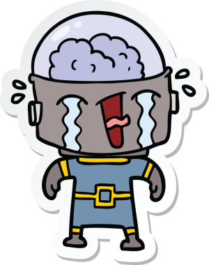 Bir insan tarafından çizilmiş ağlayan bir robot çıkartması.