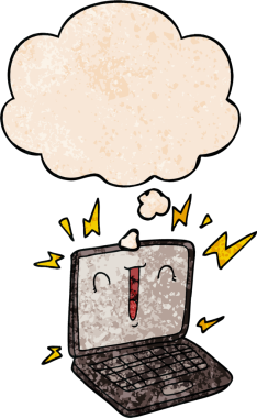 bir insan tarafından çizilmiş grunge doku biçiminde düşünce baloncuklu dizüstü bilgisayar.