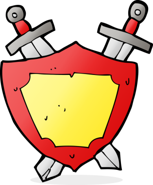 Çizgi film kalkanı ve bir insan tarafından çekilen kılıçlar