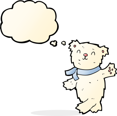 Bir insan tarafından çizilmiş düşünce balonuyla oyuncak kutup ayısını sallayan çizgi film.