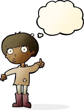 Çizgi filmci çocuk bir insan tarafından çizilmiş düşünce baloncuğuyla soru soruyor.