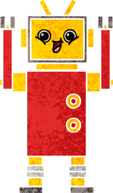 Bir insan tarafından çizilmiş mutlu bir robotun retro çizim tarzı karikatürü