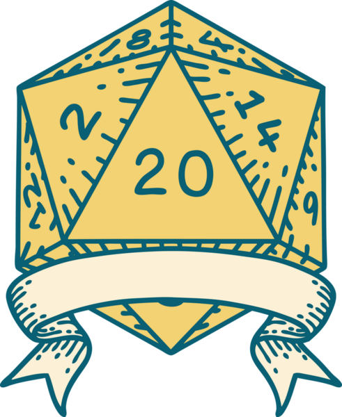 Retro Dövme Biçimi Doğal 20 kritik vuruş D20 zar bir insan tarafından çizildi