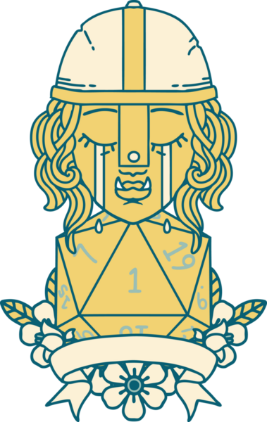 Retro Dövme Tarzı Ağlayan Ork Savaşçısı Karakteri Bir insan tarafından çizilmiş doğal bir D20 rulosu